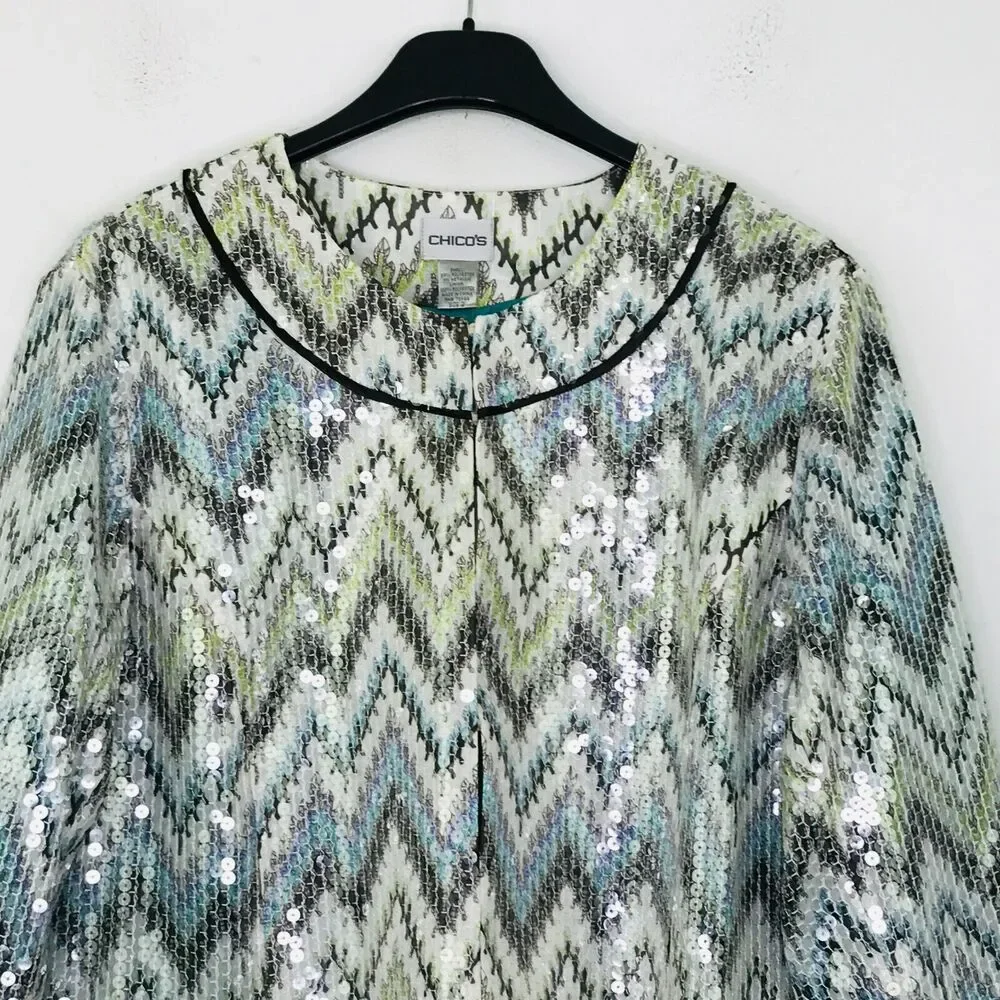 Chico's 2 Women's 12 Jacket Multicolor Seascape Ikats Meow Jewel Sequin NWT CN27